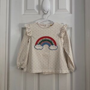 Mini Boden Baby Girl Cream & Dots Long Sleeve Shirt Rainbow Appliqué & Ruffles